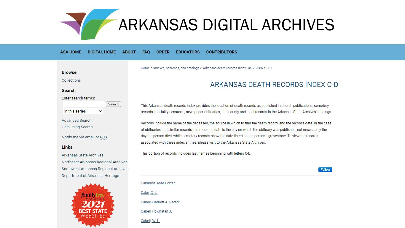 Arkansas death records index C-D